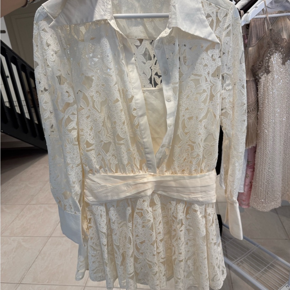 Ivory Lace Button-Front Tunic with Waist Sash